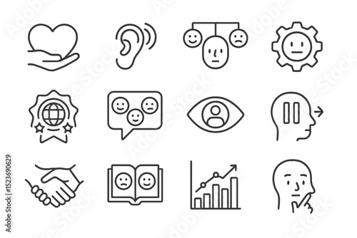 Abstract icons symbolizing communication, emotion, and technology concepts