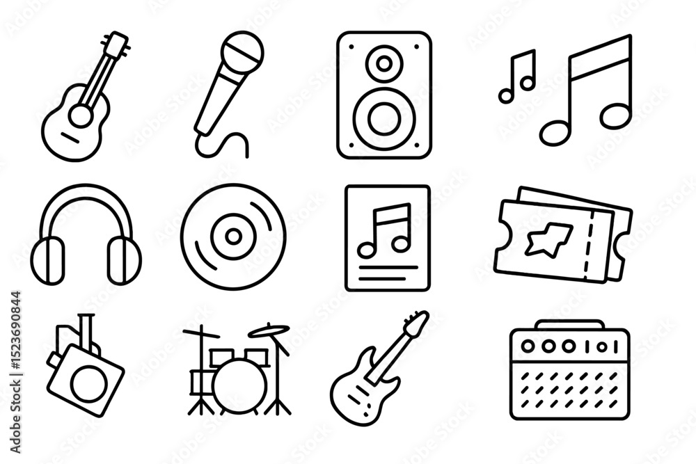 Fototapeta premium Music icons: instruments, notes, and audio equipment on dark background