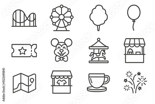Amusement park icons: ferris wheel, roller coaster, carousel, balloon, ticket
