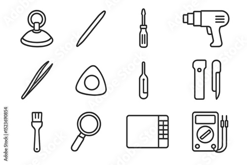 Outline of various tools on dark background