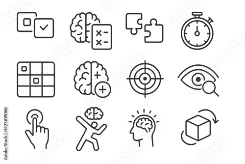 Cognitive games and brain icons on dark background
