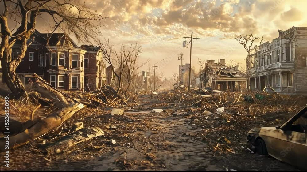 A haunting view of a devastated urban landscape after a disaster. A haunting view of a devastated urban landscape after a disaster.