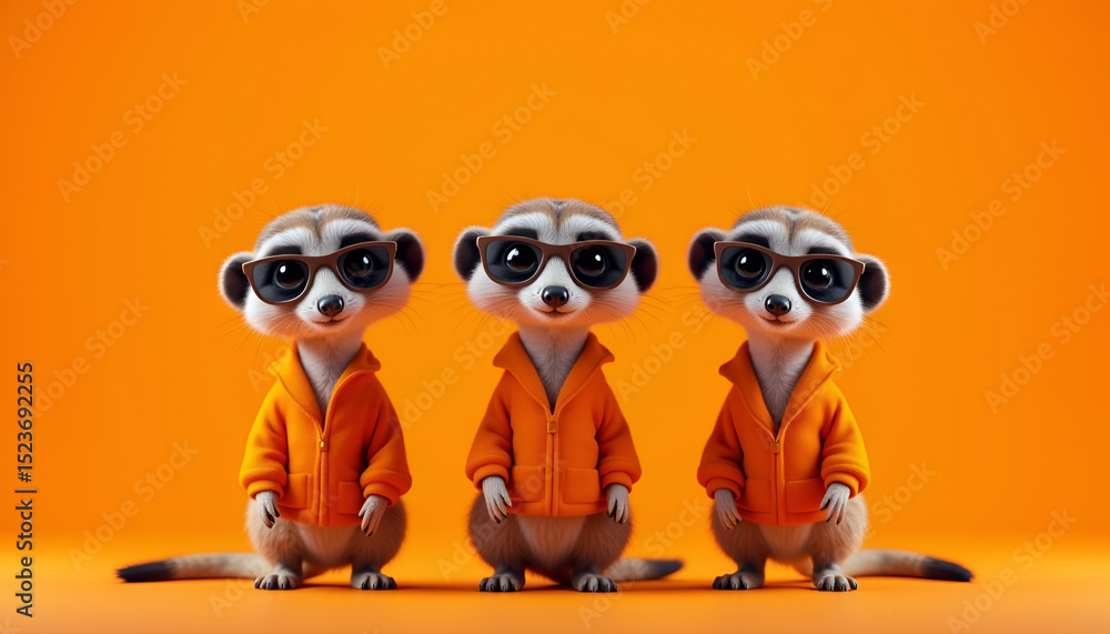 Fototapeta premium Stylish Meerkats in Orange Jackets and Sunglasses