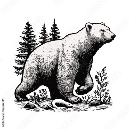 polar bear vintage simple modern engraving style black and white full body isolated on white background