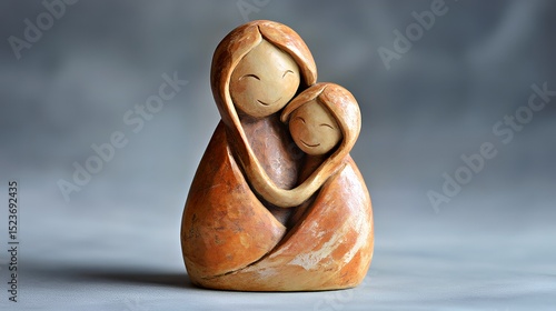 Terracotta sculpture of a mother and child embracing, showcasing warmth and love.