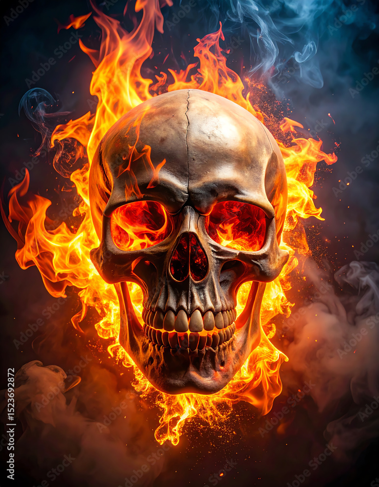 A realistic human skull surrounded by intense flames and smoke, creating a dramatic and fiery visual effect A realistic human skull surrounded by intense flames and smoke, creating a dramatic and fiery visual effect