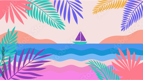 A sailboat on the ocean with colorful tropical leaves in the foreground and background