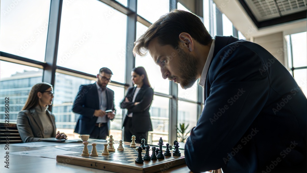 Fototapeta premium Businessman playing chess, symbolizing strategy and planning