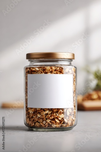 Organic granola jar with white blank label with soft light for granola healthy food advertising commercial