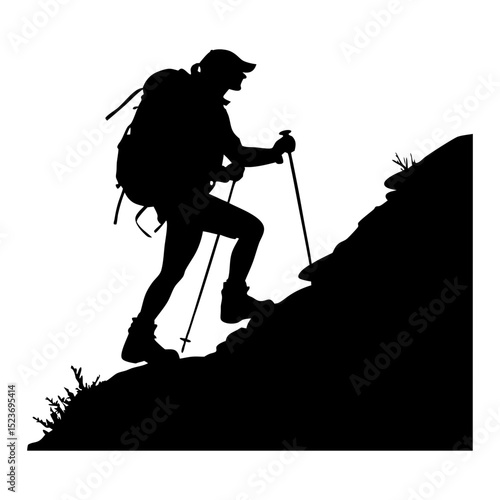 Silhouette of a female hiker climbing a mountain with poles