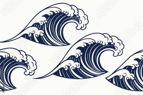 Japanese wave pattern seamless design navy blue illustration on cream background