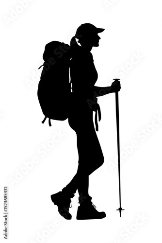 Silhouette of a female hiker with a backpack and poles