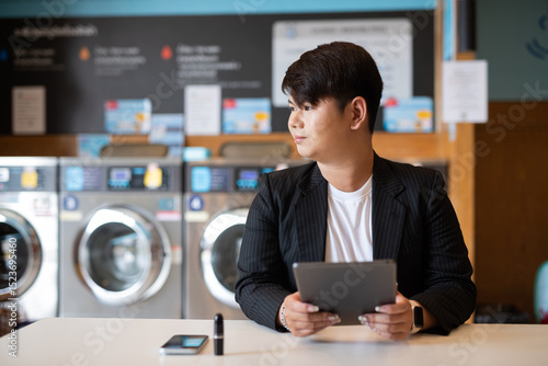 Photography Young gay man in laundry shop working with digital tablet computer while sitting