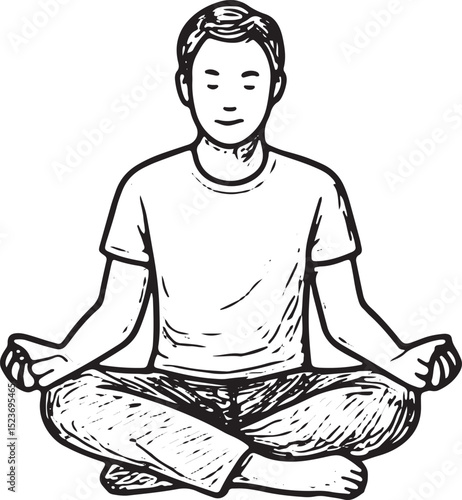 A hand-drawn sketch of a person sitting in a lotus pose, radiating calm and focus, with a serene aura, ideal for yoga, meditation, and wellness designs in black-and-white style
