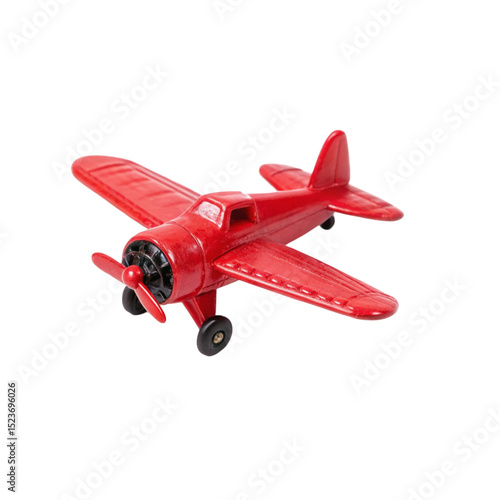 Red toy airplane isolated on white background ideal for aviation fun kids decor and travel themes
