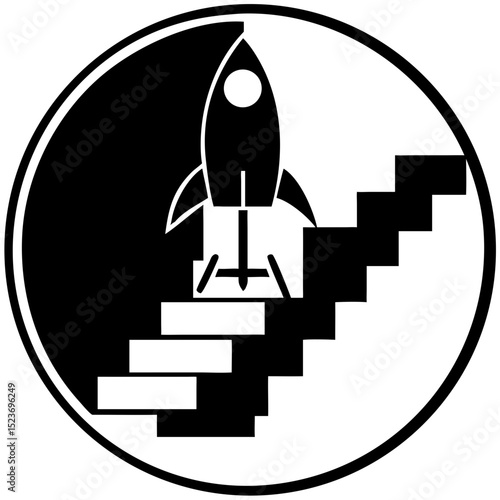 Rocket with staircase icon for startup launch campaigns, business growth presentations, innovation visuals, success strategy materials, and goal-oriented branding

