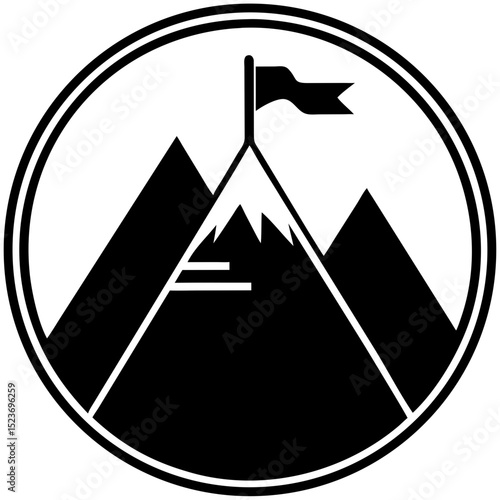 Mountain with flag icon for success goals, achievement visuals, personal growth campaigns, leadership presentations, motivational blogs, and perseverance design themes

