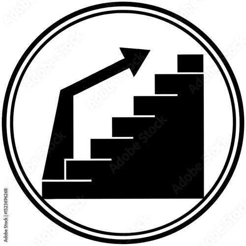 Staircase with upward arrow icon for business growth visuals, personal progress content, career development materials, motivational presentations, and self-improvement design

