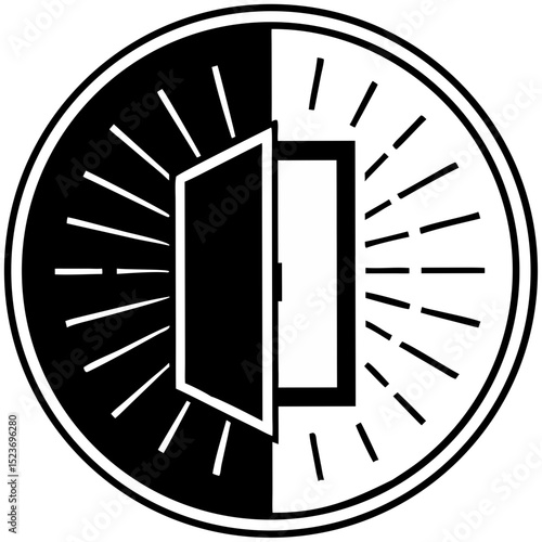 Open door with light rays icon for opportunity visuals, personal growth presentations, life transition blogs, success motivation campaigns, and change-oriented design content

