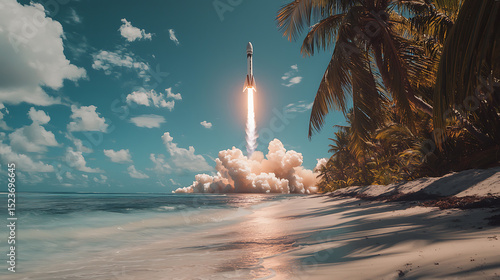 Fototapeta Naklejka Na Ścianę i Meble -  A rocket launching into space from a tropical beach