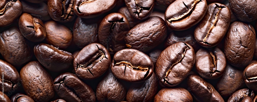 Fototapeta premium A macro view of coffee beans, showcasing their deep brown tones and intricate textures. The image captures the aromatic essence of freshly roasted espresso seeds. 40k, full ultra hd, high resolution