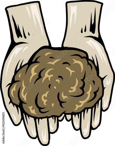 Hand holding compost soil illustration for organic gardening
