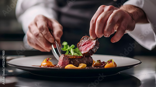 A chef plating a gourmet steak dish with vegetables in a fine dining restaurant setting.