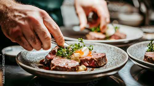 A chef carefully plates gourmet steak with fresh herbs and vegetables in a fine dining restaurant setting.