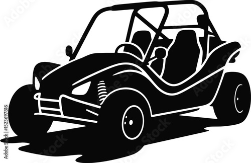 A black and white silhouette of a dune buggy with visible suspension and roll cage design element