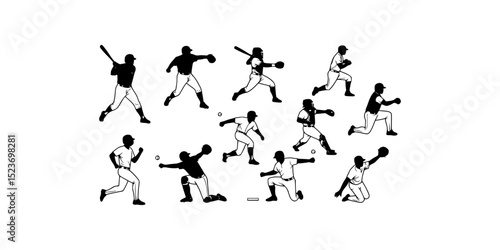 Baseball ten silhouette baseball players ready for action. Ideal for sportsrelated designs, team posters, or baseball event promotions.