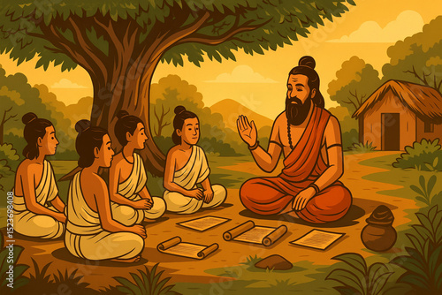 Ancient Gurukul Scene – Indian Sage Teaching Students Under a Tree
