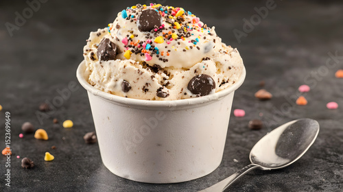 A cup of creamy ice cream topped with chocolate chips and colorful sprinkles, served with a spoon on a dark surface.