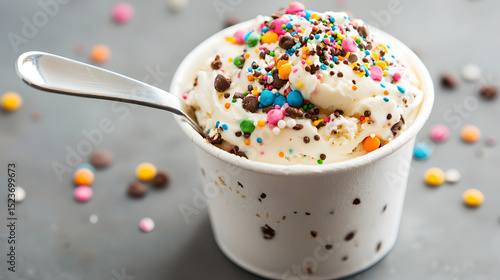 A cup of vanilla ice cream topped with colorful sprinkles and a spoon, ready to eat.