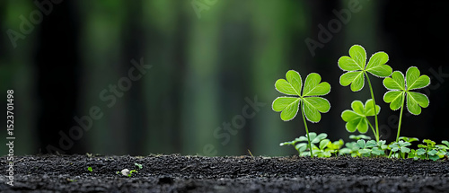 Three Four-Leaf Clovers Growing In Dark Soil