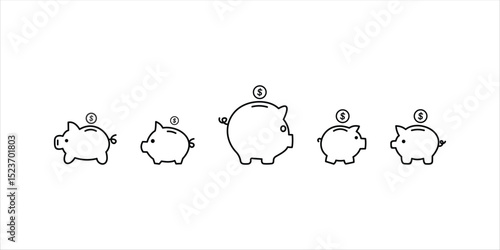 Money Saving Piggy Bank Icon Set with Dollar Coins