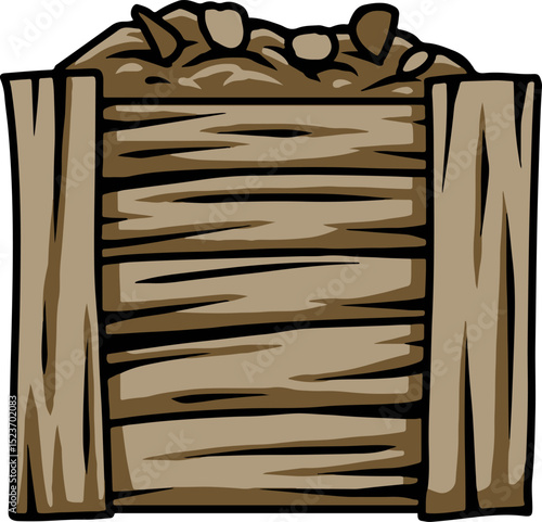 Cartoon wooden compost bin filled with organic material
