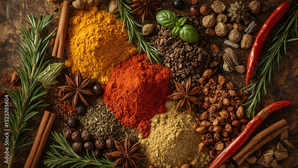 Fototapeta premium Natural and Earthy Display of Cooking Spices and Garden-Fresh Herbs with Rich Textures