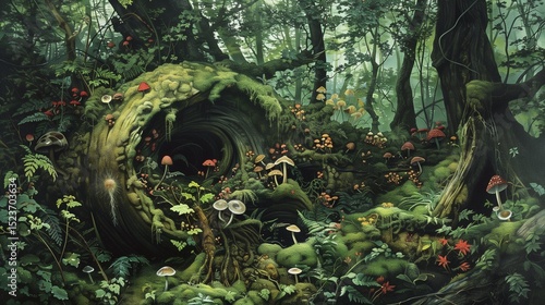 An intricately detailed image of a moss-covered log in a dense forest, with small fungi and vibrant green foliage surrounding it.