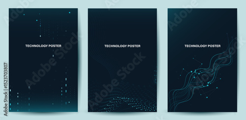 Futuristic digital blue line technology poster set, glowing lines innovation and connection network background for tech event poster or presentation product business