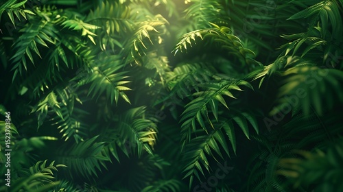 A close-up of a lush green fern, with intricate details of the fronds and sunlight filtering through the leaves.