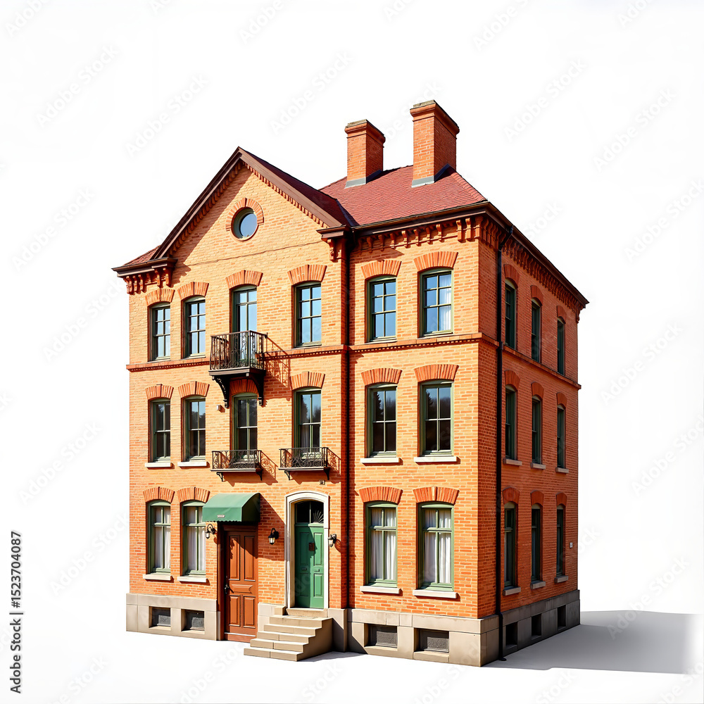 Red brick residential building with balcony against white background Concept of World Heritage Day Red brick residential building with balcony against white background Concept of World Heritage Day