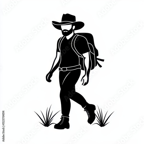 Wallpaper Mural Monochrome illustration of a man with a beard wearing a cowboy hat, t shirt, and boots. He is wearing a backpack, walking in the grass against a Torontodigital.ca
