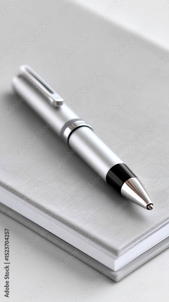 Silver Stylus Pen Resting on Closed Grey Notebook Silver Stylus Pen Resting on Closed Grey Notebook