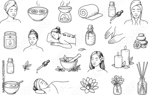A collection of hand-drawn spa and wellness icons featuring women relaxing, facial treatments, massage stones, essential oils, candles, flowers, and herbal remedies, all in a minimalist black-and-whit