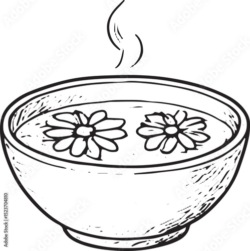 A simple sketch of a steaming bowl, representing a hot facial treatment or herbal infusion for wellness and skincare in a clean, black-and-white design