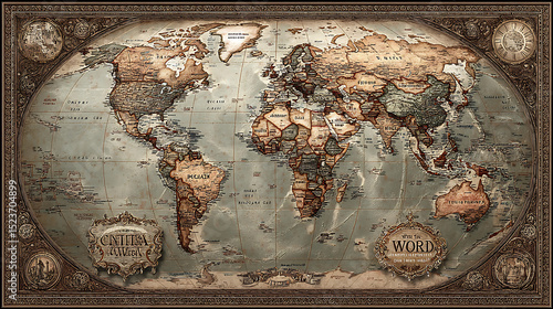 Detailed antique style world map illustration depicting continents countries and borders historical cartography
