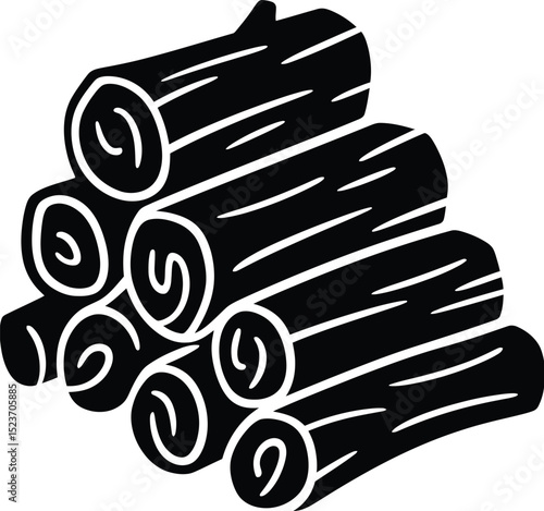 A monochrome illustration of a stacked pile of logs with visible wood grain and circular ends shown silhouette