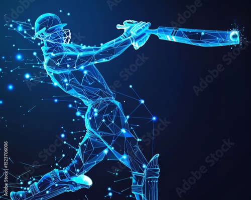 A dynamic polygonal cricket player, hitting the ball with force, formed from angular shapes and thinltra HD.