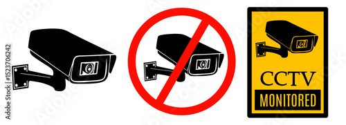 No security camera icon, Security camera icon, video surveillance, cctv sign. Yellow triangle indicating camera operation. Surveillance camera,monitoring, safety home protection system. Fixed CCTV