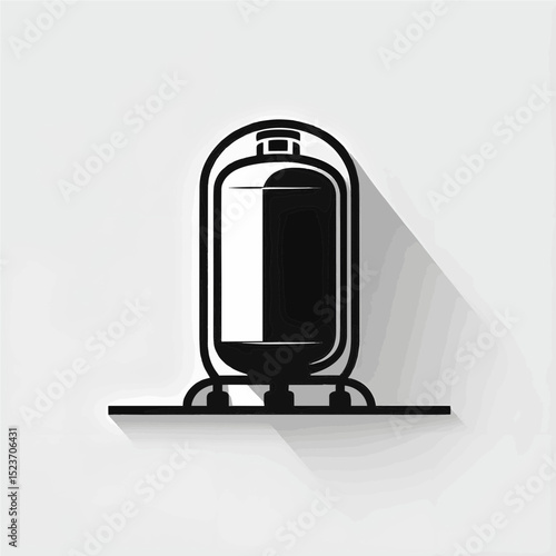 Cryo Freezer Liquid Nitrogen Tank Icon with Stand. A distinctive black and white illustration of a cryo freezer or liquid nitrogen tank, presented as a clear icon with a stable base